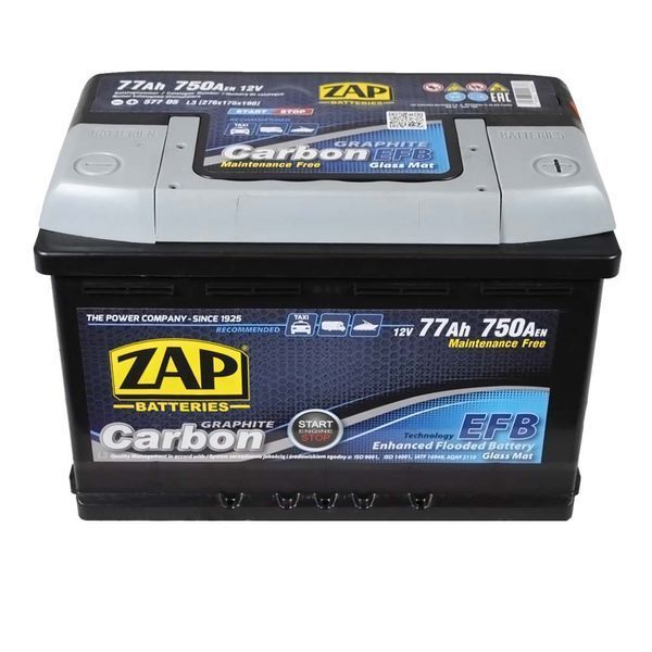 Автомобільний акумулятор ZAP Carbon EFB Start Stop 77Аh 750А R+ (правий +) 577 05 564958888257 фото